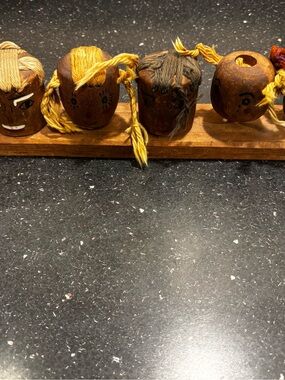 6 OLD Handcrafted Wooden Bead Face puppet head on stand